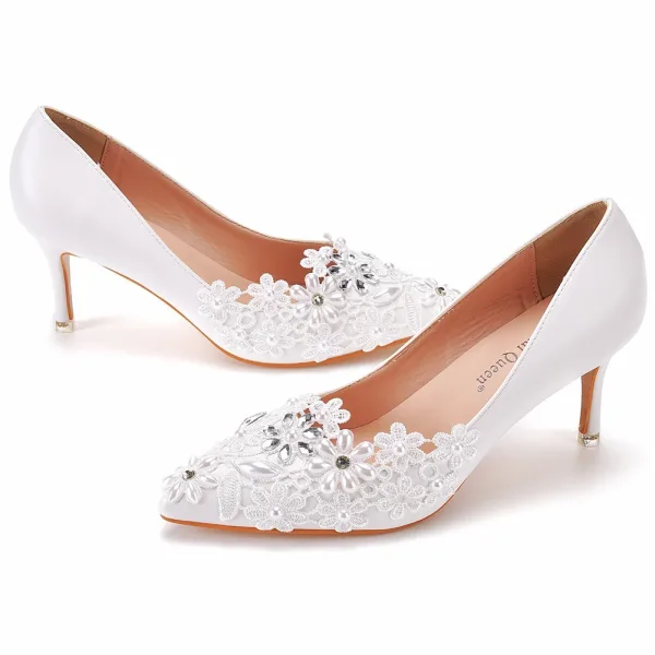Elegante Witte Rhinestone Kant Bloem Bruidsschoenen 2025 7 cm Naaldhakken / Stiletto Spitse Neus Huwelijk Pumps Hoge Hakken