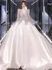 Vintage / Retro Ivory Beading Rhinestone Sequins Satin Wedding Dresses 2024 Ball Gown V-Neck Long Sleeve Backless Chapel Train Wedding