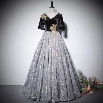 Élégant Noire Perlage Paillettes Impression Robe De Bal 2022 Princesse V Cou Manches Courtes Dos Nu Longue Promo Robe De Ceremonie