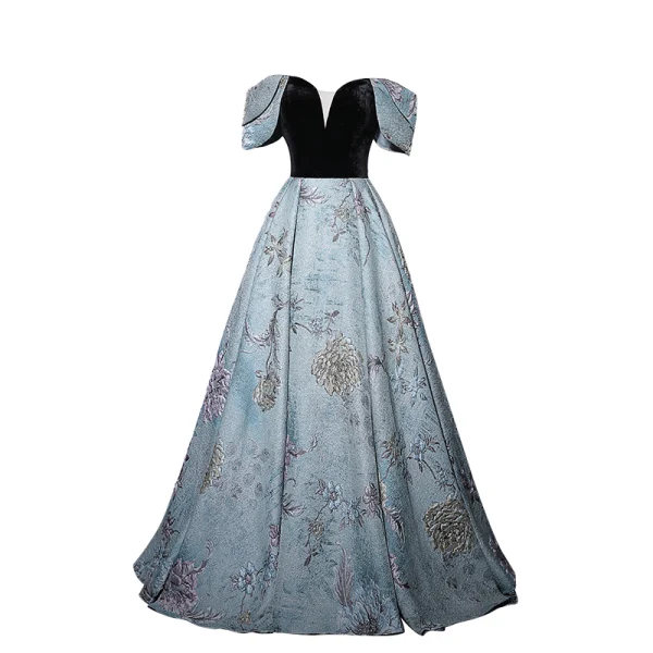 Elegant Sky Blue Printing Prom Dresses 2022 A-Line / Princess Off-The-Shoulder Short Sleeve Backless Floor-Length / Long Prom Formal Dresses