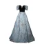 Elegant Sky Blue Printing Prom Dresses 2022 A-Line / Princess Off-The-Shoulder Short Sleeve Backless Floor-Length / Long Prom Formal Dresses