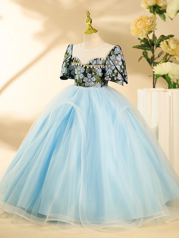 Chic / Beautiful Sky Blue Floral Pearl Rhinestone Birthday Flower Girl Dresses 2024 Ball Gown Scoop Neck Short Sleeve Backless Floor-Length / Long
