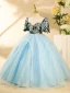 Chic / Beautiful Sky Blue Floral Pearl Rhinestone Birthday Flower Girl Dresses 2024 Ball Gown Scoop Neck Short Sleeve Backless Floor-Length / Long
