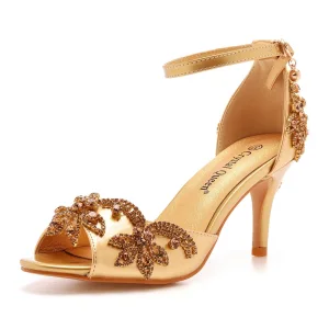 Charming Gold Rhinestone Wedding Shoes 2023 Ankle Strap 7 Cm Stiletto Heels Open Peep Toe Wedding Sandals High Heels