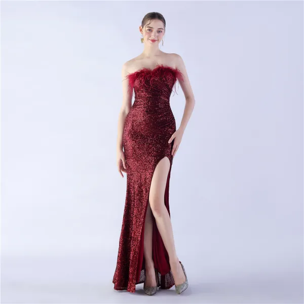 Sexy Black Sequins Evening Dresses 2024 Trumpet / Mermaid Strapless Tassel Sleeveless Backless Floor-Length / Long Evening Party Formal Dresses