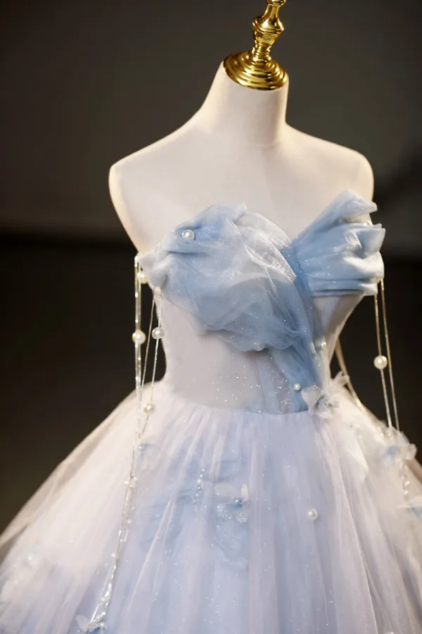 Charming Sky Blue Glitter Pearl Sequins Prom Dresses 2023 Ball Gown Strapless Sleeveless Backless Floor-Length / Long Prom Formal Dresses