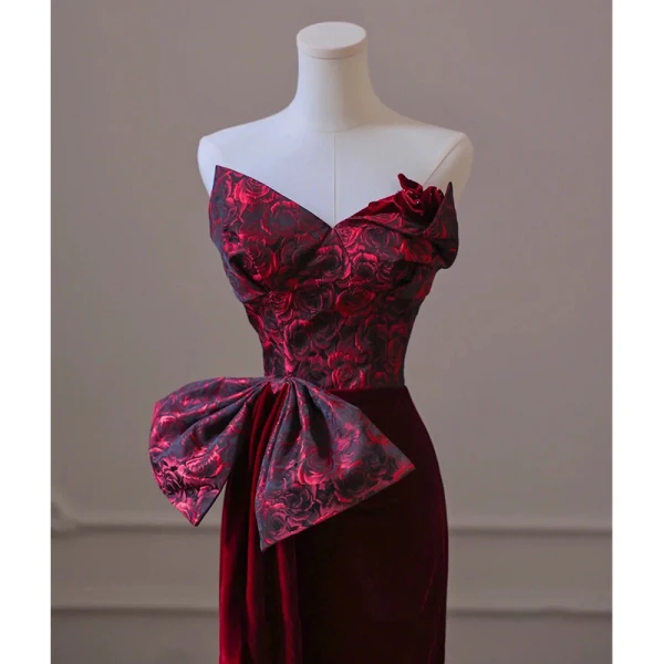 Modern / Fashion Burgundy Suede Evening Dresses 2023 Trumpet / Mermaid Strapless Sleeveless Backless Bow Floor-Length / Long Evening Party Formal Dresses