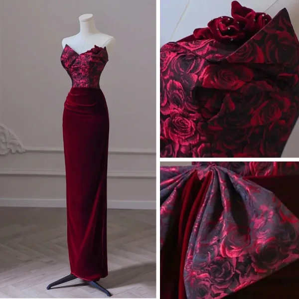 Modern / Fashion Burgundy Suede Evening Dresses 2023 Trumpet / Mermaid Strapless Sleeveless Backless Bow Floor-Length / Long Evening Party Formal Dresses