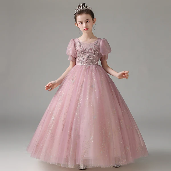 Chic / Beautiful Blushing Pink Beading Pearl Sequins Lace Flower Flower Girl Dresses 2022 A-Line / Princess Scoop Neck Appliques Short Sleeve Floor-Length / Long Prom Flower Girl Dresses