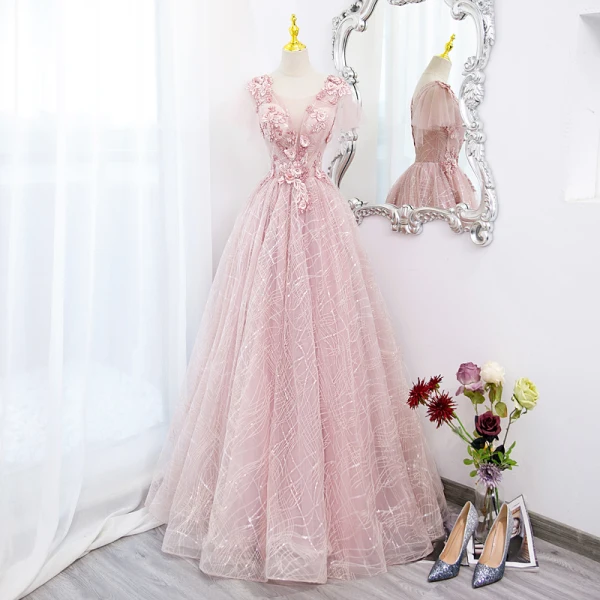 Elegante Blozen Roze Parel Kant Bloem Galajurken 2022 Baljurk Ronde Hals Korte Mouwen Ruglooze Lange Gala Gelegenheid Jurken