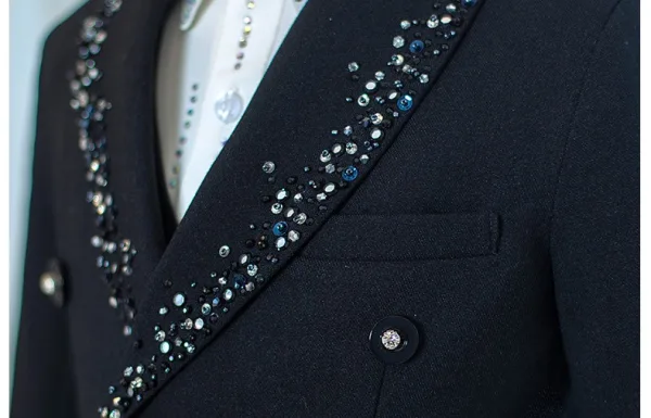 Bleu Marine Paillettes 4 pièces Manches Longues Costume Garçon Mariage 2025 Manteau Pantalon Chemise Gilet Mariage