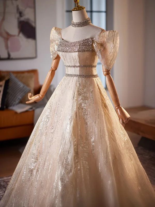 Chic / Beautiful Champagne Rhinestone Prom Dresses 2025 Ball Gown Off-The-Shoulder Short Sleeve Backless Floor-Length / Long Prom Formal Dresses