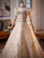 Chic / Beautiful Champagne Rhinestone Prom Dresses 2025 Ball Gown Off-The-Shoulder Short Sleeve Backless Floor-Length / Long Prom Formal Dresses