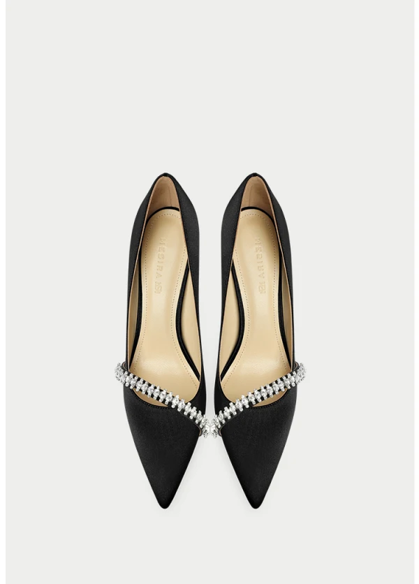 Sexy Black Rhinestone Evening Party Pumps 2024 Leather 10 cm Stiletto Heels Pointed Toe Pumps High Heels