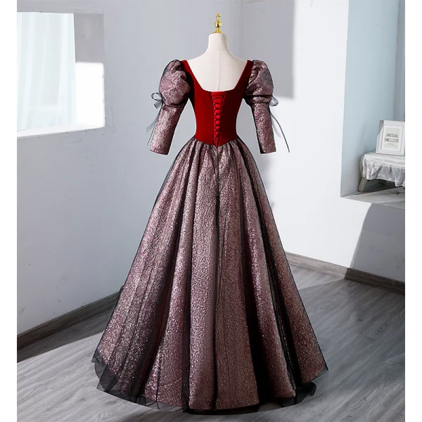 Élégant Bordeaux Paillettes Robe De Bal 2023 Princesse Encolure Carrée 1/2 Manches Noeud Dos Nu Longue Promo Robe De Ceremonie