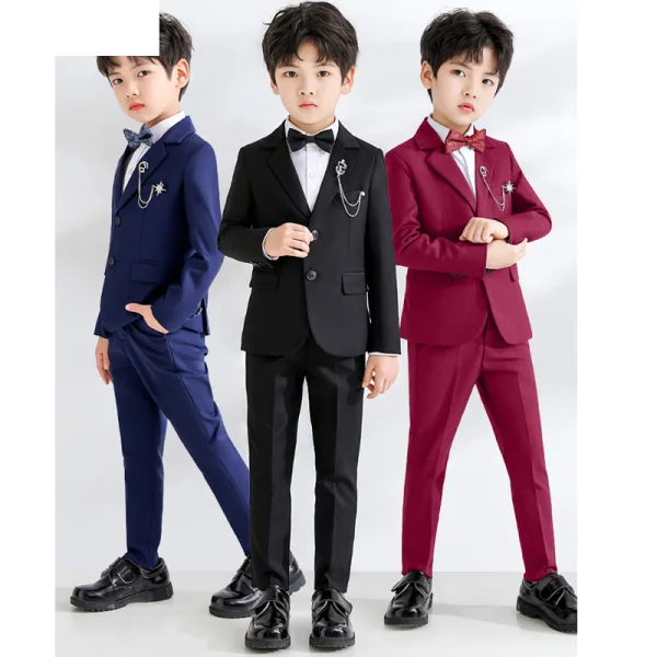 Modern / Fashion Black Long Sleeve Boys Wedding Suits 2023 Coat Pants Shirt Tie Vest Wedding