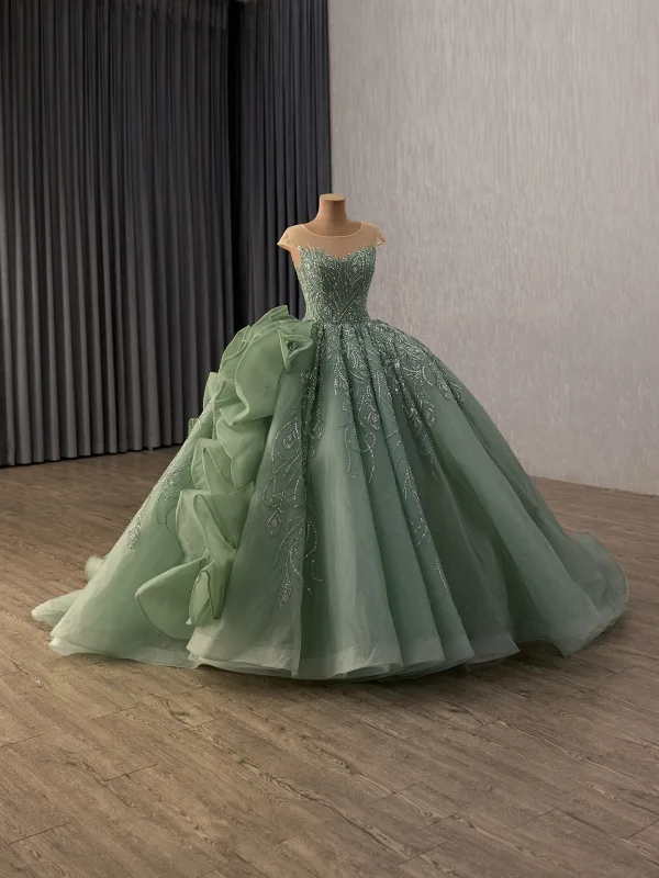 Vintage / Retro Sage Green Handmade  Beading Pearl Sequins Prom Dresses 2026 Ball Gown Scoop Neck Cap Sleeves Backless Sweep Train Formal Dresses
