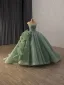 Vintage / Retro Sage Green Handmade  Beading Pearl Sequins Prom Dresses 2026 Ball Gown Scoop Neck Cap Sleeves Backless Sweep Train Formal Dresses