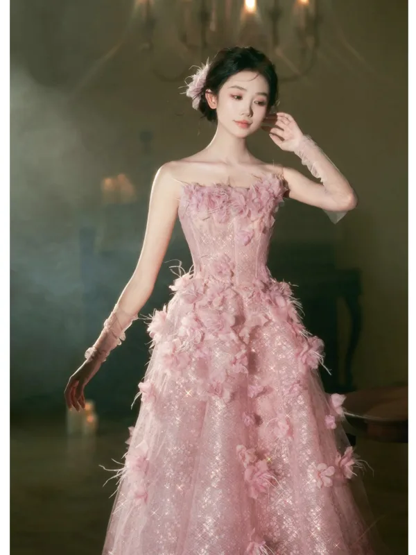 Flower Fairy Candy Pink Sequins Appliques Tassel Prom Dresses 2025 A-Line / Princess Strapless Sleeveless Backless Floor-Length / Long Prom Formal Dresses