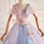 Chic / Beautiful Gradient-Color Pearl Sequins Lace Flower Prom Dresses 2022 Ball Gown V-Neck Short Sleeve Backless Bow Floor-Length / Long Prom Formal Dresses