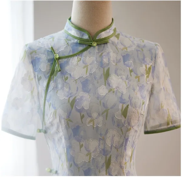 Style Chinois Bleu Ciel Impression Fendue devant Cheongsam 2024 Trompette / Sirène Col Haut Manches Courtes Thé Longueur