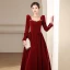 Elegant Burgundy Winter Suede Prom Dresses 2023 A-Line / Princess Square Neckline Rhinestone Long Sleeve Backless Bow Floor-Length / Long Prom Formal Dresses