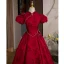 Vintage / Retro Burgundy Pearl Lace Flower Prom Dresses 2022 A-Line / Princess High Neck Puffy Short Sleeve Floor-Length / Long Backless Formal Dresses