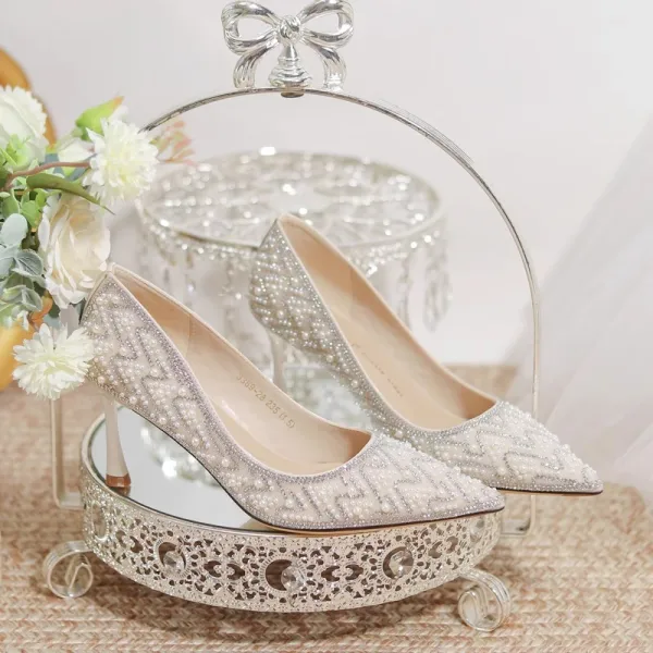 Charming Silver Beading Pearl Rhinestone Wedding Shoes 2024 7 cm Stiletto Heels Pointed Toe Wedding Pumps High Heels