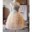 Charming Champagne Pearl Appliques Homecoming Graduation Dresses 2025 A-Line / Princess Strapless Sleeveless Backless Tea-length Formal Dresses