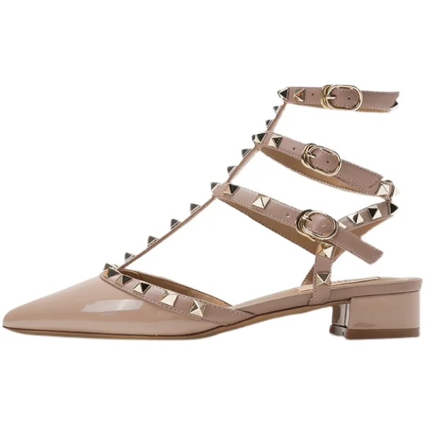 Sexy Beige Rivet Soirée Sandales Femme Talons Hauts 2022 Cuir 3 cm Talons Épais Talon Bas T-Strap À Bout Pointu Sandales