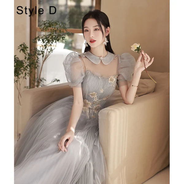 Modest / Simple Grey Lace Flower Bridesmaid Dresses 2022 A-Line / Princess Short Sleeve Backless Floor-Length / Long Wedding Party Dresses