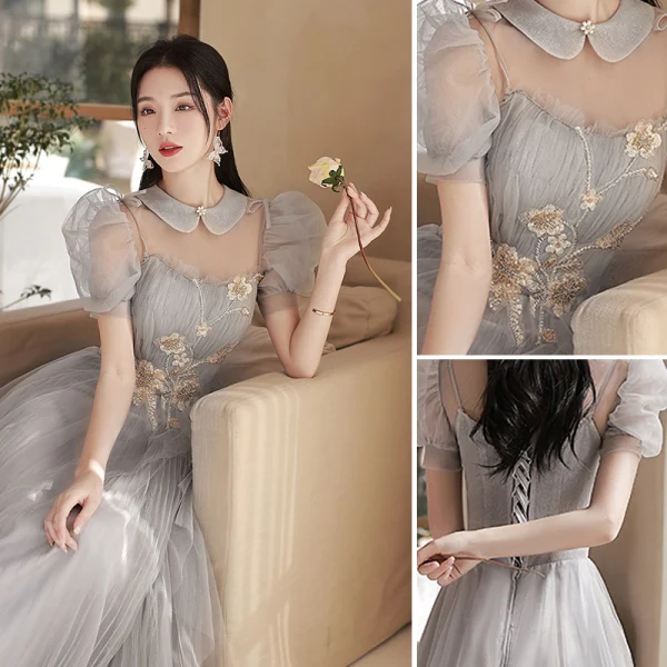 Modest / Simple Grey Lace Flower Bridesmaid Dresses 2022 A-Line / Princess Short Sleeve Backless Floor-Length / Long Wedding Party Dresses