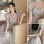 Modest / Simple Grey Lace Flower Bridesmaid Dresses 2022 A-Line / Princess Short Sleeve Backless Floor-Length / Long Wedding Party Dresses
