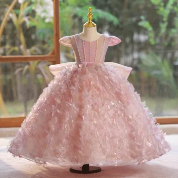 Encantador Rosa Clara Perla Apliques Cumpleaños Vestidos Para Niñas 2024 Ball Gown Scoop Escote Mangas De La Tapa Bowknot Largos