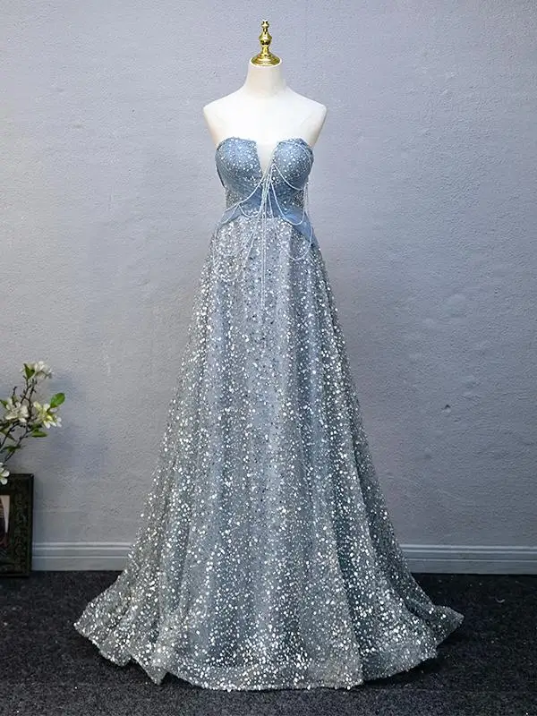 Chic / Belle Bleu Ciel Perlage Paillettes Robe De Bal 2025 Robe Boule Volants De l'épaule Manches Courtes Dos Nu Longue Promo Robe De Ceremonie