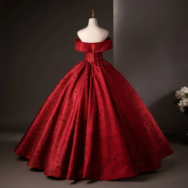 Vintage / Retro Burgundy Rhinestone Prom Dresses 2025 Ball Gown Off-The-Shoulder Short Sleeve Backless Floor-Length / Long Formal Dresses