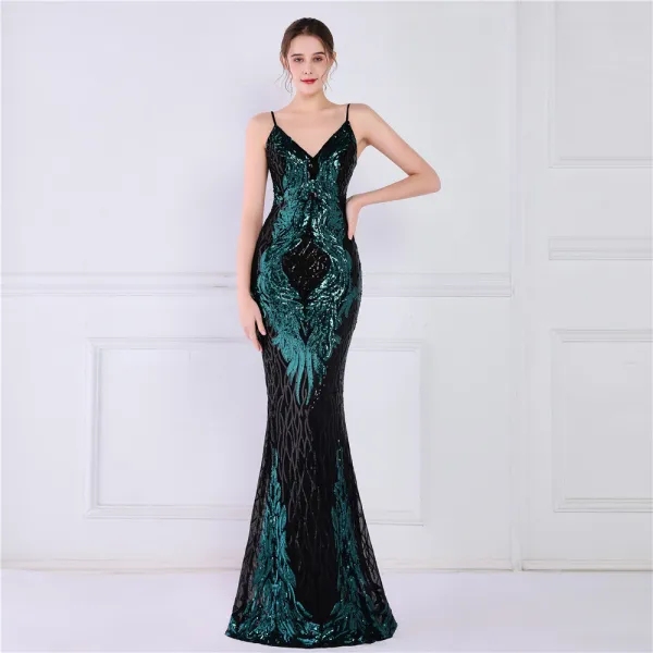 Charmant Doré Paillettes Robe De Soirée 2022 Trompette / Sirène Bretelles Spaghetti Sans Manches Dos Nu Longue Soirée Robe De Ceremonie