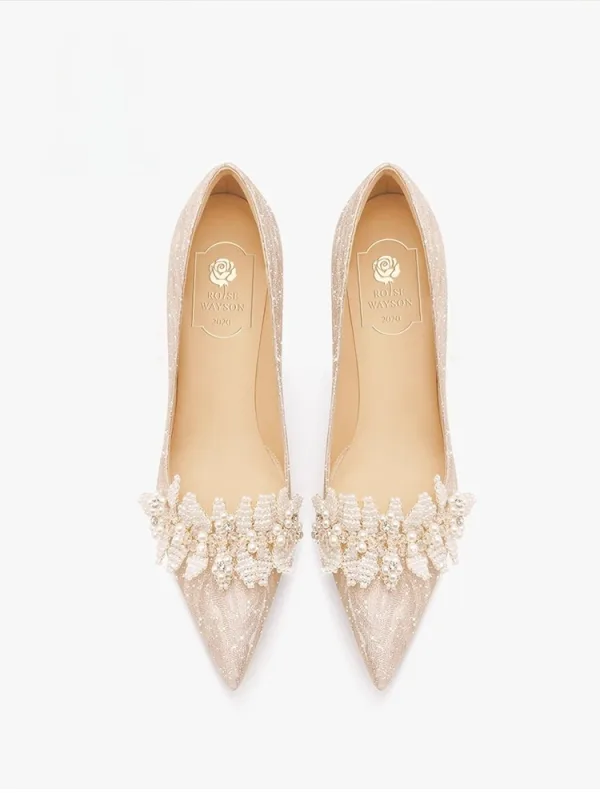 Bling Bling Gold Pearl Rhinestone Wedding Shoes 2026 5 cm Stiletto Heels Leather Pointed Toe Wedding Pumps