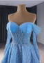High-end Pool Blue Handmade  Beading Sequins Prom Dresses 2024 Ball Gown Off-The-Shoulder Long Sleeve Backless Court Train Prom Formal Dresses