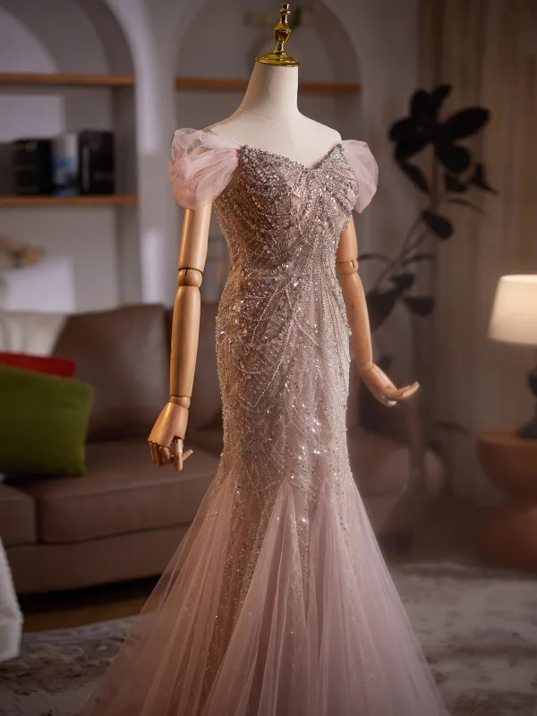 Haut de Gamme Charmant Champagne Perlage Paillettes Robe De Soirée 2025 Trompette / Sirène De l'épaule Manches Courtes Dos Nu Train De Balayage Soirée Robe De Ceremonie