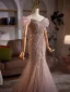 Haut de Gamme Charmant Champagne Perlage Paillettes Robe De Soirée 2025 Trompette / Sirène De l'épaule Manches Courtes Dos Nu Train De Balayage Soirée Robe De Ceremonie