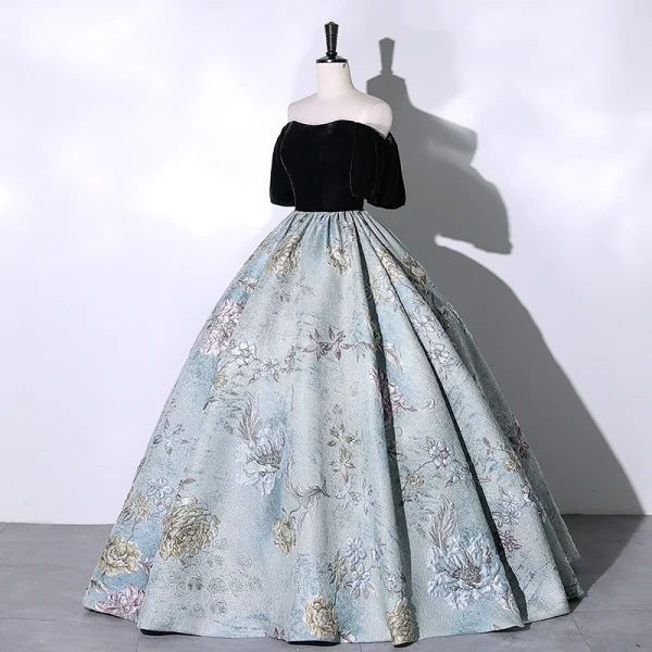 Elegant Sequins Flower Black Prom Dresses 2023 Ball Gown Off-The-Shoulder Short Sleeve Backless Floor-Length / Long Prom Formal Dresses