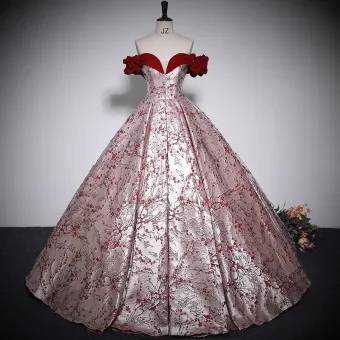 Fashion Burgundy Printing Prom Dresses 2023 Ball Gown Off The Shoulder Sleeveless Backless Floor Length Long Prom Formal Dresses