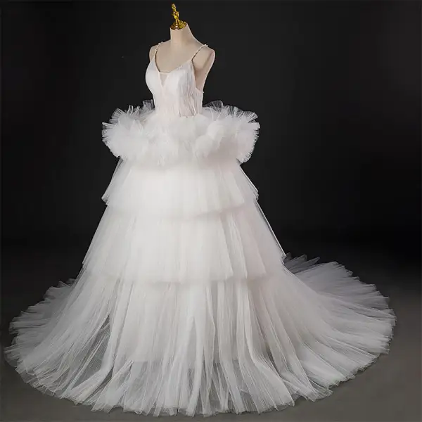 Light Ivory Cascading Ruffles Pierced Wedding Dresses 2022 Ball Gown Spaghetti Straps Pearl Sleeveless Backless Floor-Length / Long Wedding