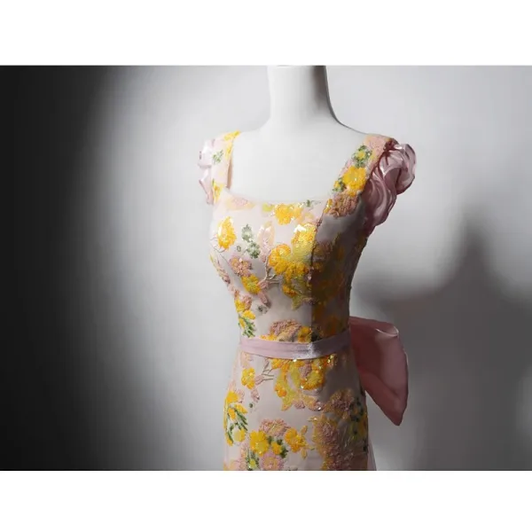 Sexy Rosa Spitze Pailletten Abendkleider 2024 Meerjungfrau Eckiger Ausschnitt Ärmellos Rückenfreies Schleife Lange Festliche Kleider