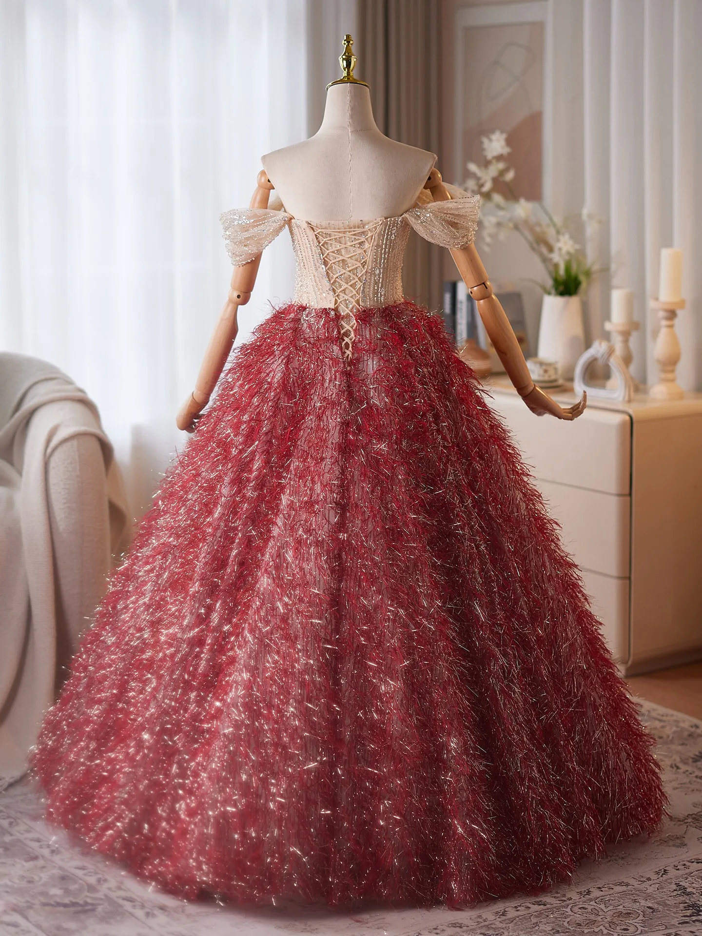 Fashion Red Beading Sequins Tassel Prom Dresses 2026 Ball Gown Off-The-Shoulder Short Fashion Red Beading Sequins Tassel Prom Dresses 2026 Ball Gown Off-The-Shoulder Short