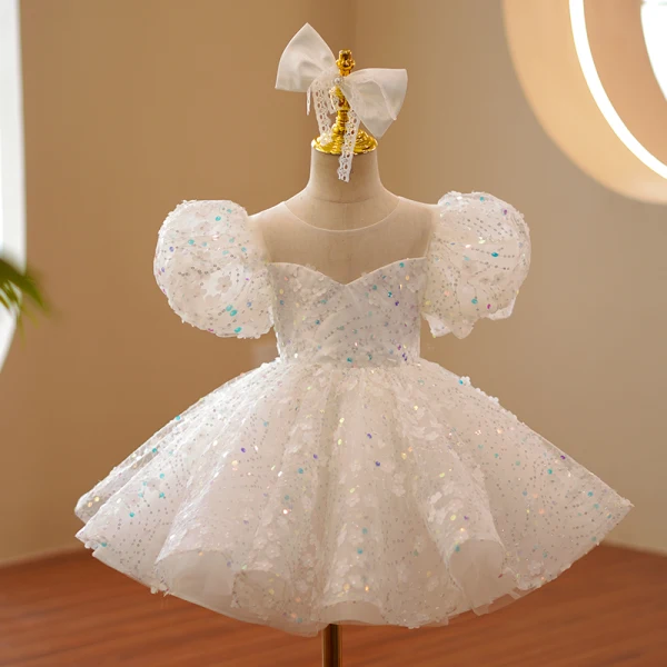 Sparkly White Laser Sequins Bow Birthday Flower Girl Dresses 2022 Ball Gown Scoop Neck Puffy Short Sleeve Floor-Length / Long Flower Girl Dresses