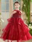 Chic / Beautiful Red Beading Sequins Cascading Ruffles Birthday Flower Girl Dresses 2025 Ball Gown Scoop Neck Sleeveless Floor-Length / Long