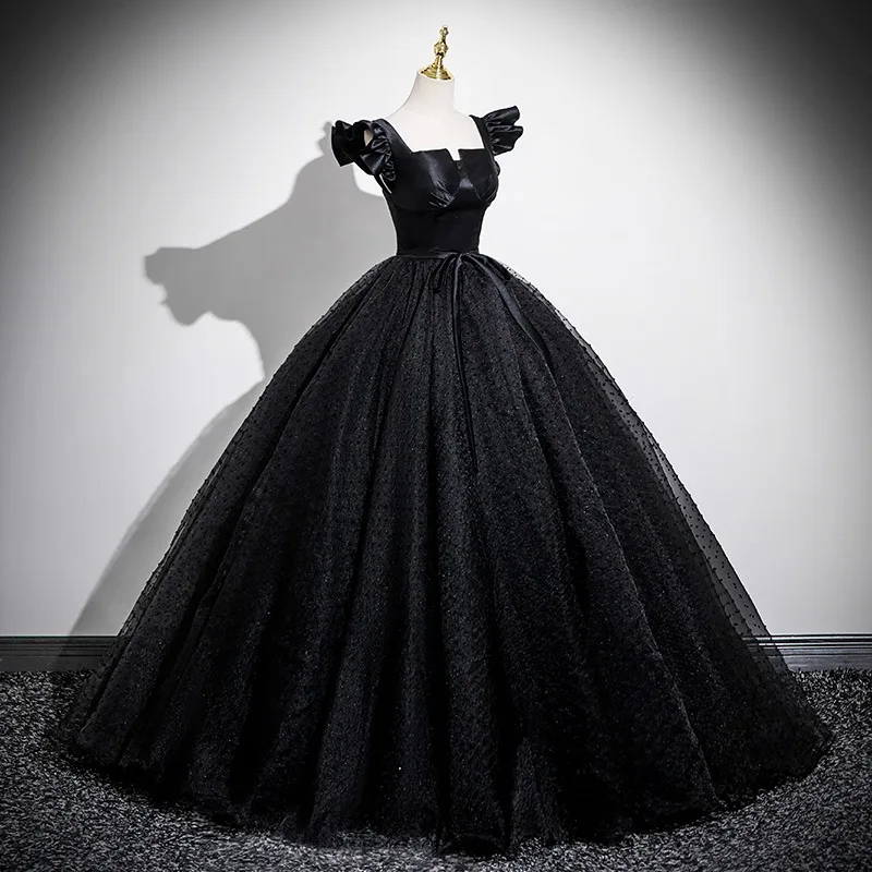 princess polly baby blue dress Elegant Black Glitter Prom Dresses 2025 Ball Gown Square Neckline Bow Sash Cap Sleeves