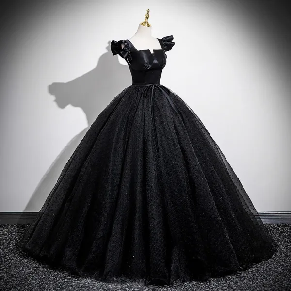 Elegante Schwarz Glanz Ballkleider 2025 Ballkleid Eckiger Ausschnitt Schleife Stoffgürtel Ärmel Rückenfreies Lange Ball Festliche Kleider